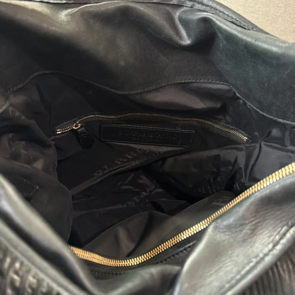 Burberry Prorsum Black Leather Crinkle Texture Large Tote Shoulder Hobo Bag Gold